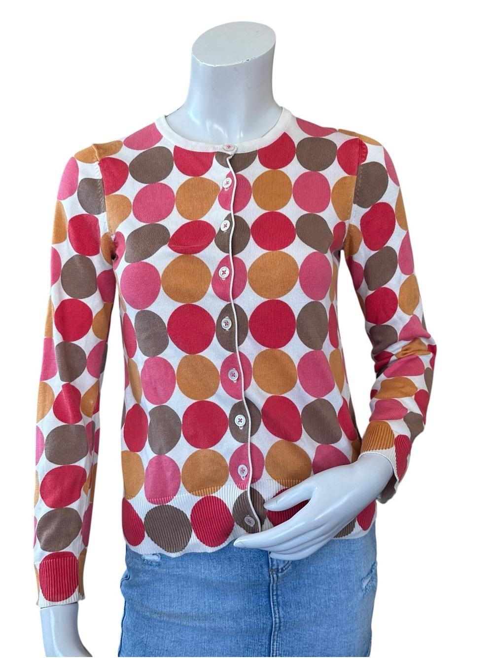 Boden White Orange Pink Large Polka Dot Print Button Down Cardigan UK 10 US 6